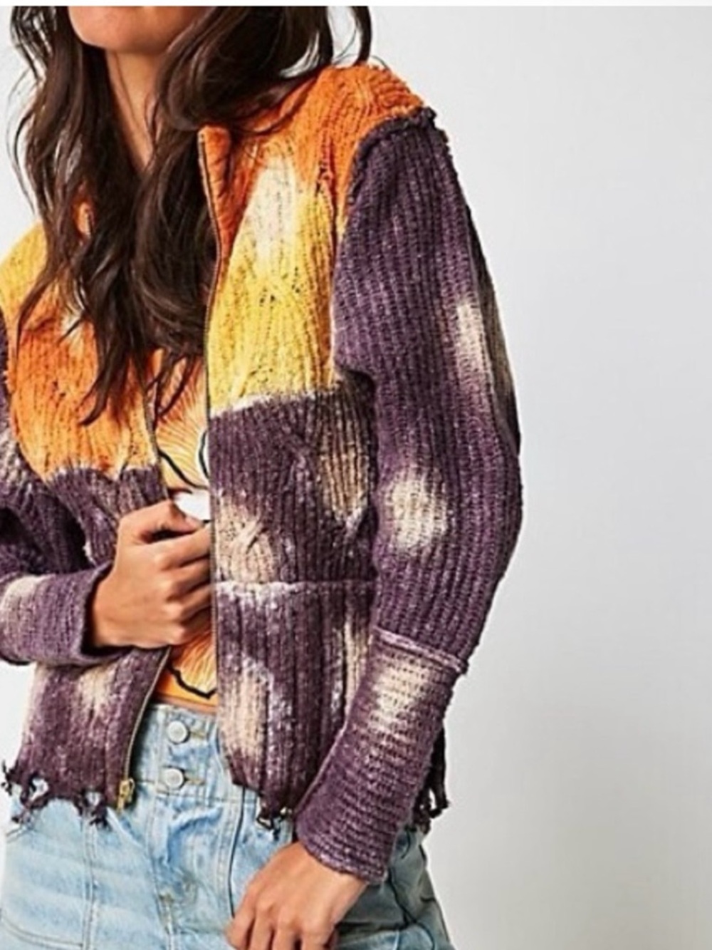 Free People Zip Up Cardigan Sunset Combo Distressed Chunky Knit Large Tie Dye